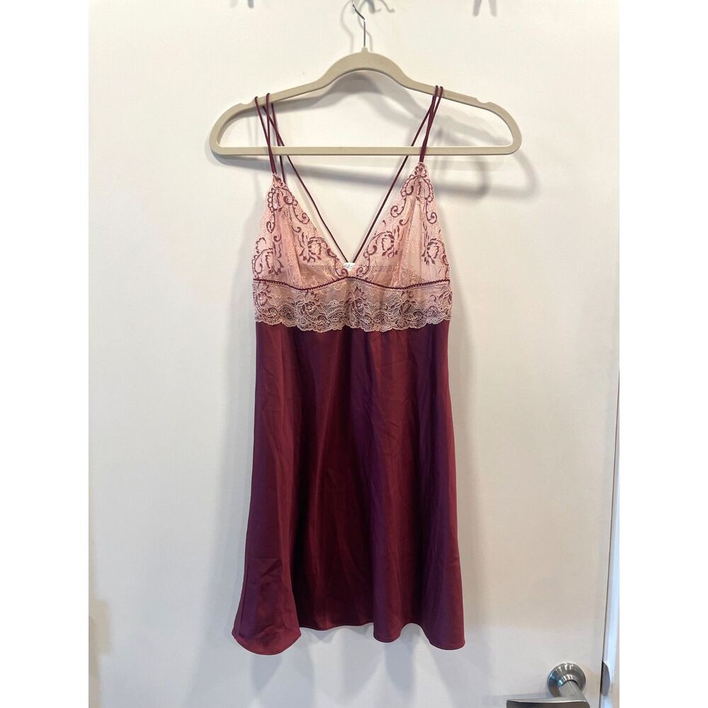 In Bloom by Jonquil Lace Pink Maroon Babydoll Slip Dress Size S EUC Lingerie